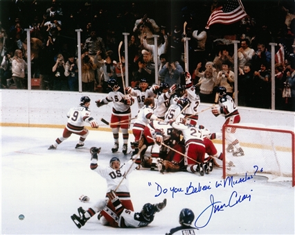 Jim Craig Autographed and Inscribed "Do You Believe in Miracles" 1980 Team USA Celebration 16x20 Photograph (Steiner)